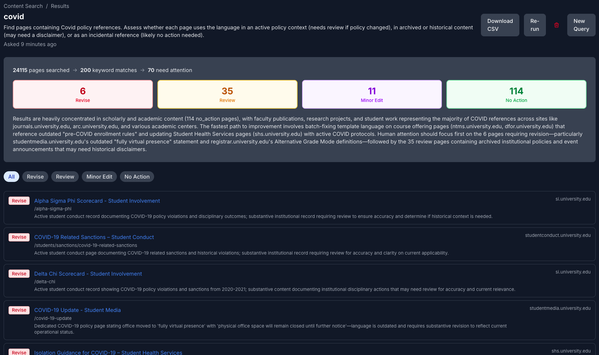 Harvest Content Search results for a COVID policy audit — AI classifies 200 matches into 6 Revise, 35 Review, 11 Minor Edit, and 114 No Action, with per-page rationales