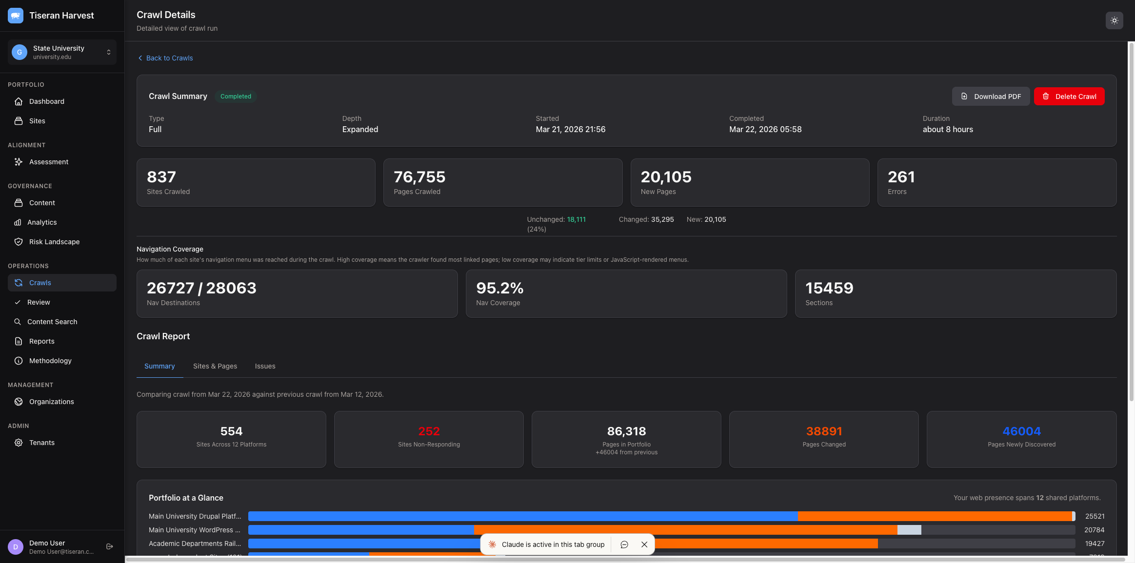 Harvest Change Report showing portfolio-level crawl comparison — 554 sites across 12 platforms, 38,891 pages changed, with per-platform activity breakdown and new/changed/unchanged visualization